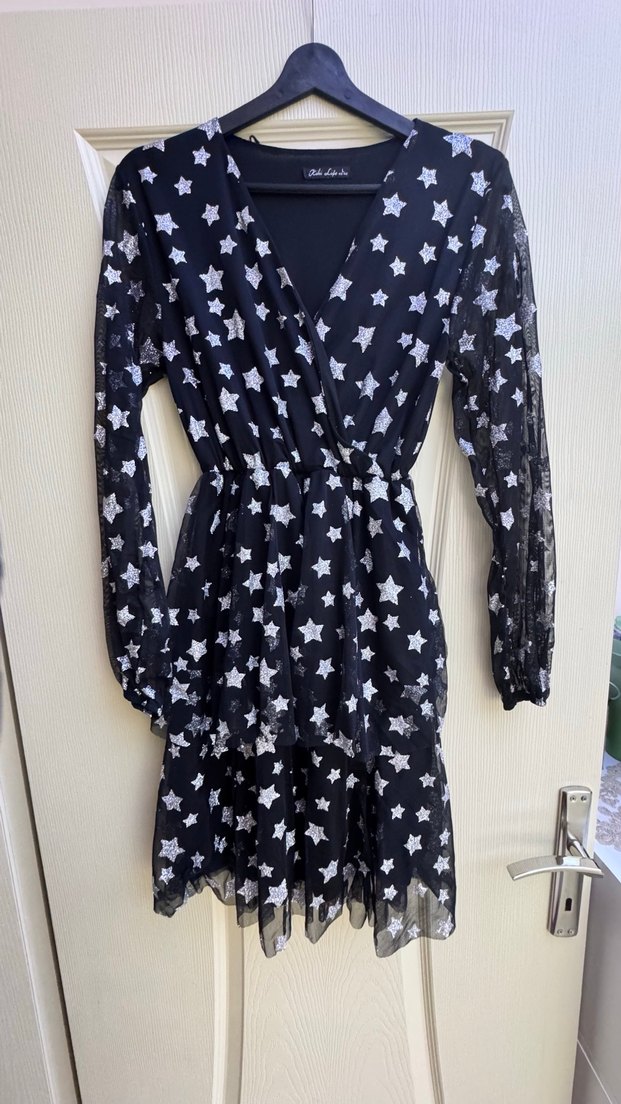 Transparan kol detaylı simli elbise - Görsel 3