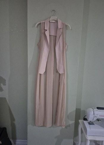 Uzun Kesim Kolsuz Bej Kadın Yelek - Görsel 9