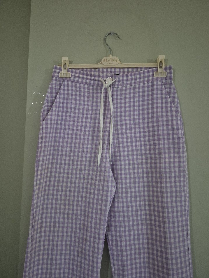 Düğmeli Lila  Salaş kumaştan Kadın Pantolon - Görsel 2