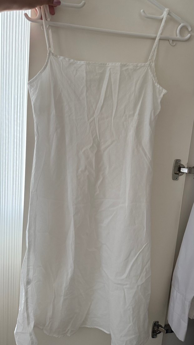 Drapeli Beyaz Keten Uzun Elbise - Görsel 2