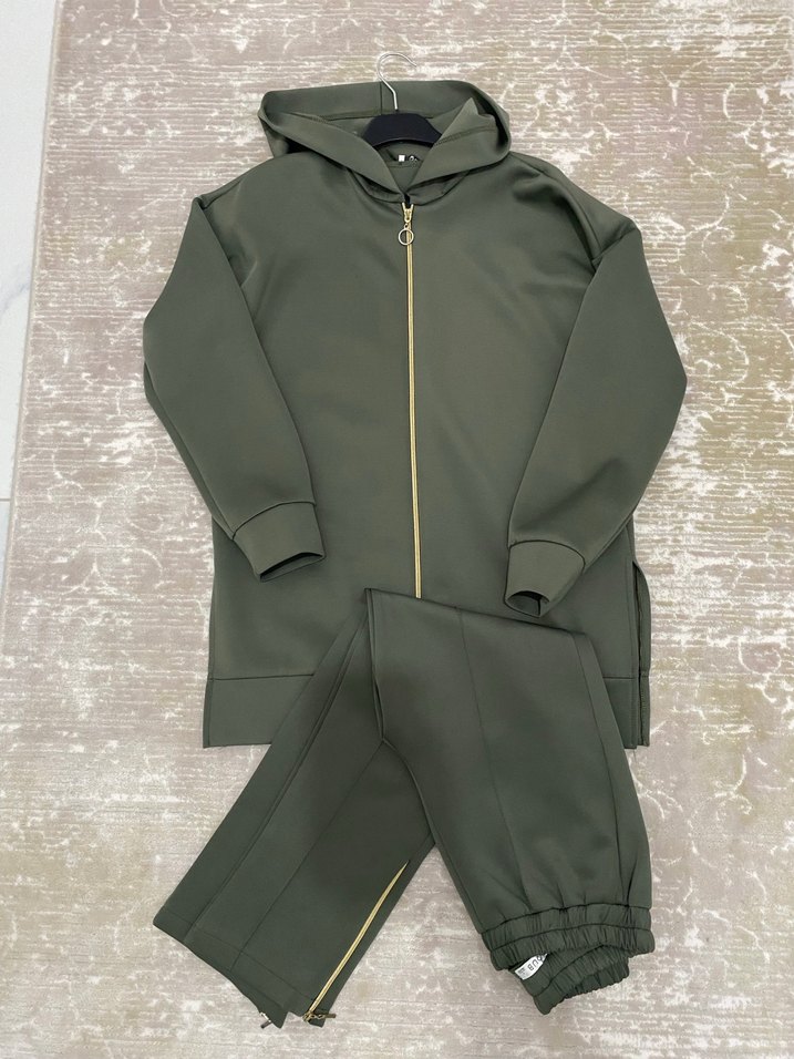 Kadın Kapüşonlu skuba kumaş Kemerli Haki Eşofman Takımı - Görsel 2