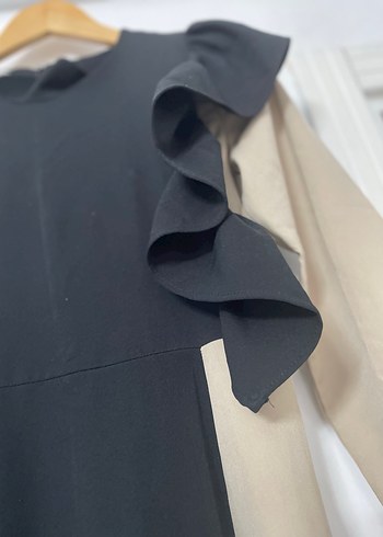 Siyah Bej Uzun Kollu Tesettür Elbise - Görsel 5