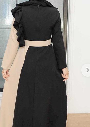 Siyah Bej Uzun Kollu Tesettür Elbise - Görsel 2