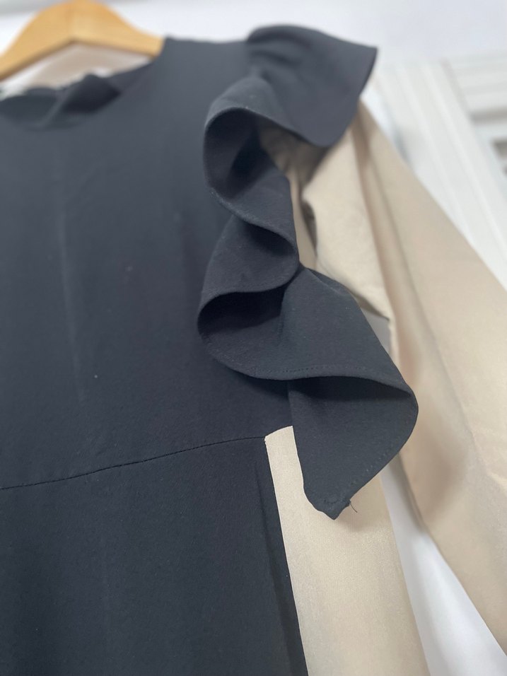 Siyah Bej Uzun Kollu Tesettür Elbise - Görsel 5