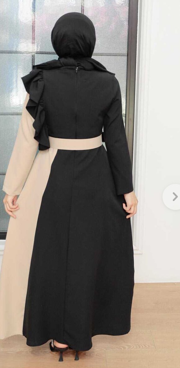 Siyah Bej Uzun Kollu Tesettür Elbise - Görsel 2