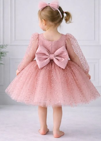Pembe Nakışlı Klasik Kız Çocuk Elbise - Görsel 2