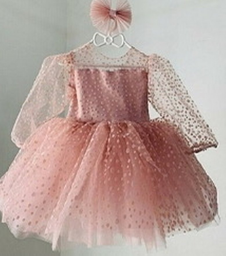 Pembe Nakışlı Klasik Kız Çocuk Elbise - Görsel 3