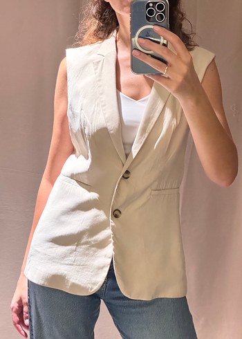 Koton Bej Keten Düğmeli Kolsuz Kadın Blazer