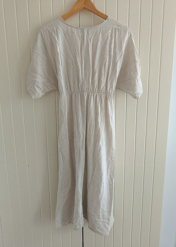 Kruvaze Yaka Bej Renkli Keten Elbise - Görsel 5