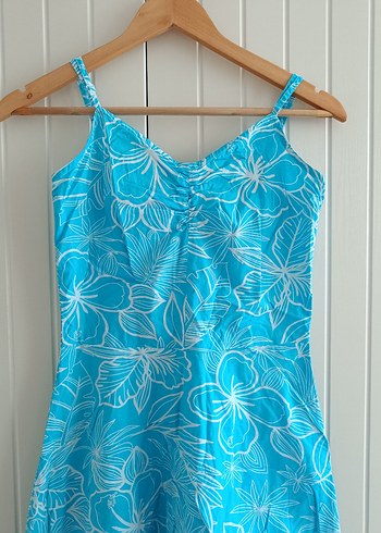 Turkuaz Çiçek Desenli Bohem Elbise - Görsel 2