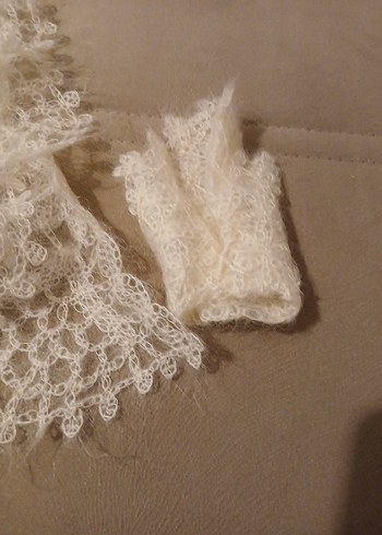 Bej Dantel Örme Kadın yakalık ve cep mendili - Görsel 5