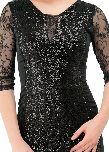 Kısa Kollu Siyah Payetli Midi Elbise - Görsel 9