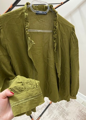 Kadın Haki Düğmeli Keten Gömlek - Görsel 2