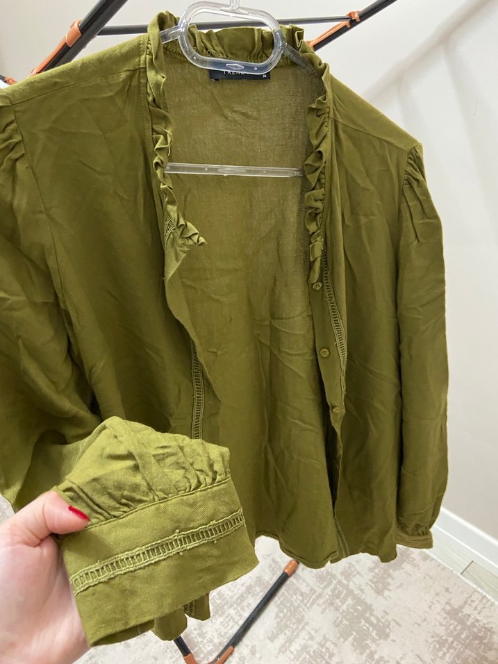 Kadın Haki Düğmeli Keten Gömlek - Görsel 2