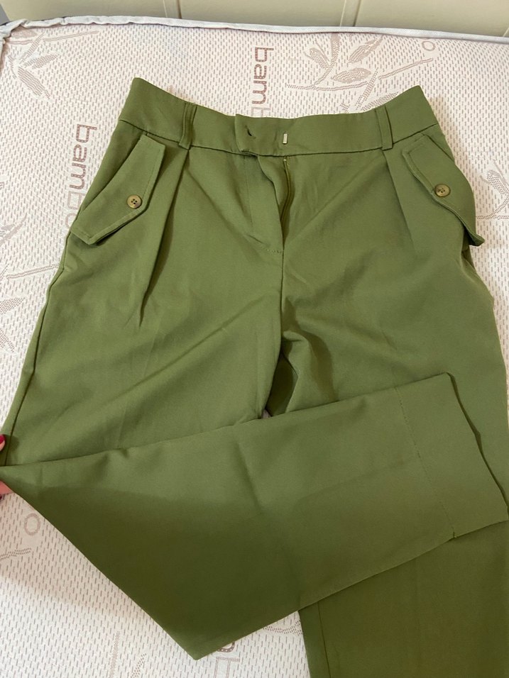 Düğmeli Haki Kadın Kumaş Pantolon - Görsel 3