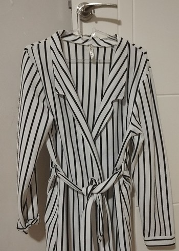 Çizgili Beyaz Kuşaklı Ofis  ceket - Görsel 2