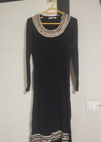 Siyah Nakışlı Uzun Triko Elbise - Görsel 7