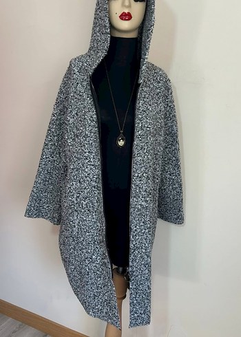 Gri Örgü Kapüşonlu Uzun standart bürümcük Kaban - Görsel 7