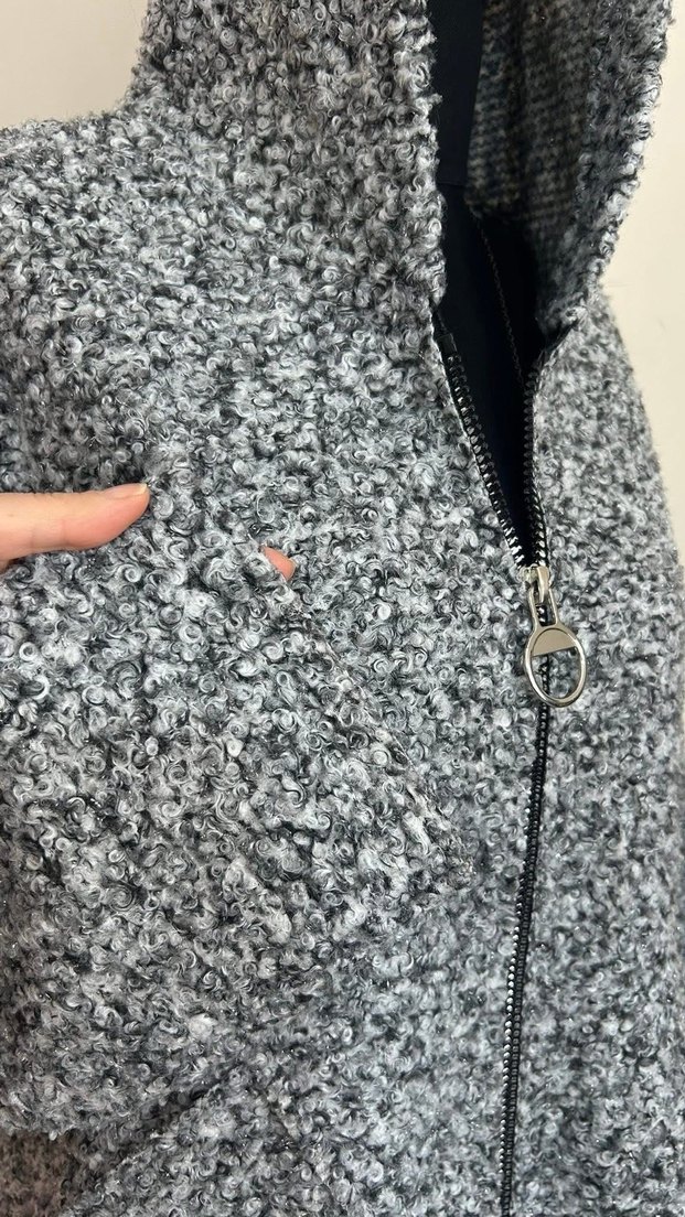 Gri Örgü Kapüşonlu Uzun standart bürümcük Kaban - Görsel 4