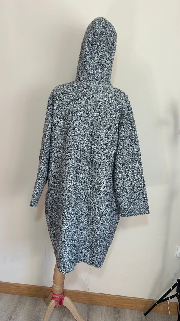 Gri Örgü Kapüşonlu Uzun standart bürümcük Kaban - Görsel 3