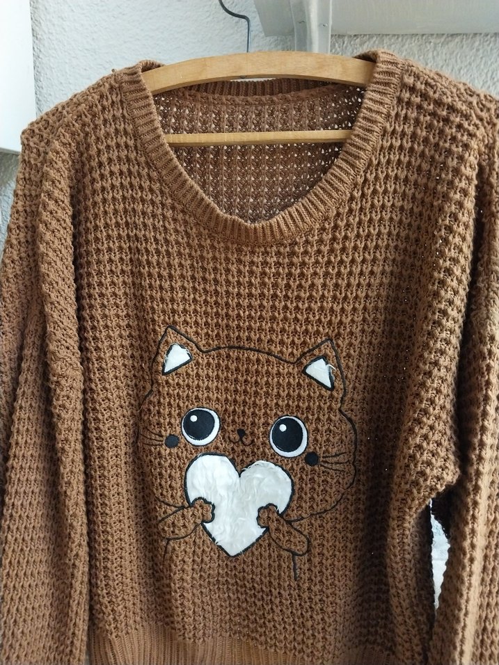 Nakışlı Kahverengi Örgü Kadın Kazak - Görsel 2