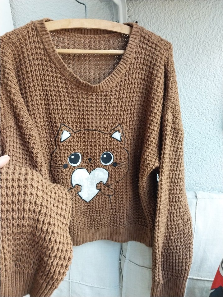 Nakışlı Kahverengi Örgü Kadın Kazak - Görsel 3