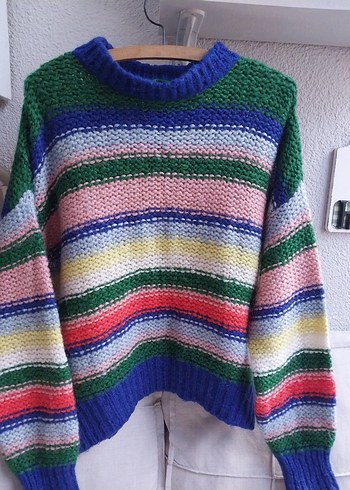 Renkli Çizgili Kısa Triko Kazak - Görsel 3