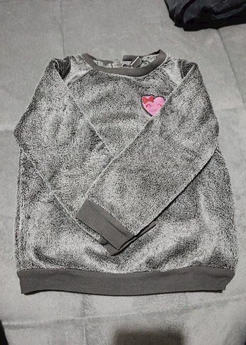 Kız Çocuk Gri Uzun Kollu Peluş Sweatshirt - Görsel 2