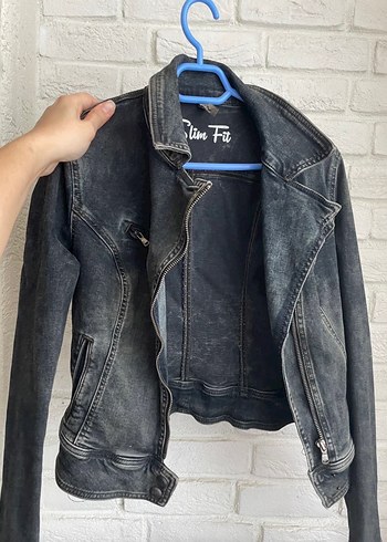 Gri Kadın Biker Denim Ceket