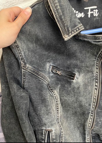 s Beden Gri Kadın Biker Denim Ceket