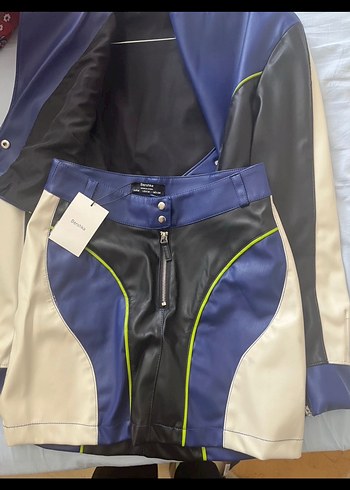 Renkli Kemerli Kısa Deri Kadın Ceket etek - Görsel 3