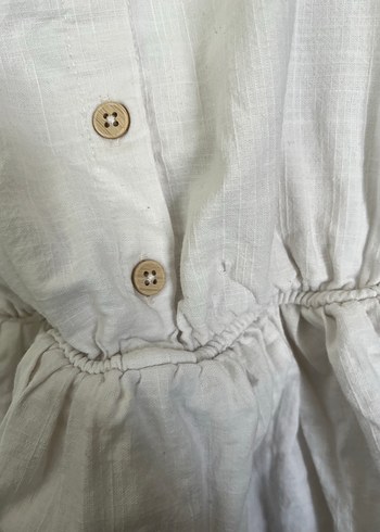 Düğmeli Beyaz Keten Midi Elbise - Görsel 4