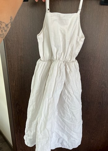 Düğmeli Beyaz Keten Midi Elbise - Görsel 3