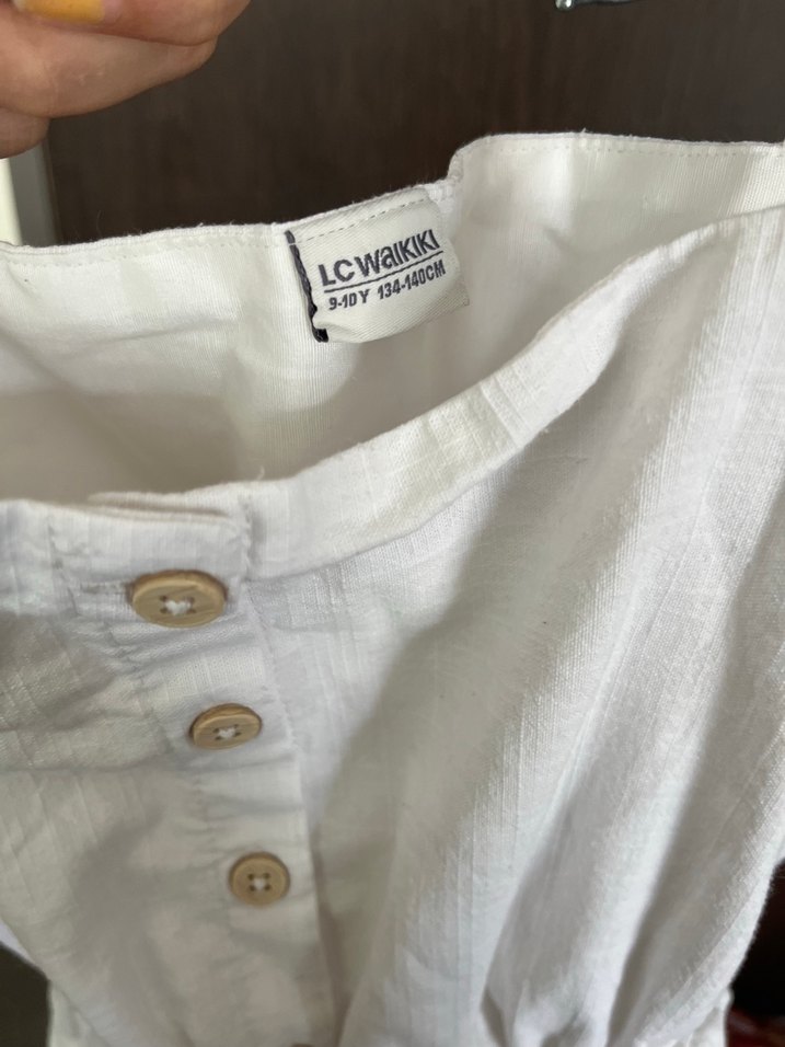 Düğmeli Beyaz Keten Midi Elbise - Görsel 2