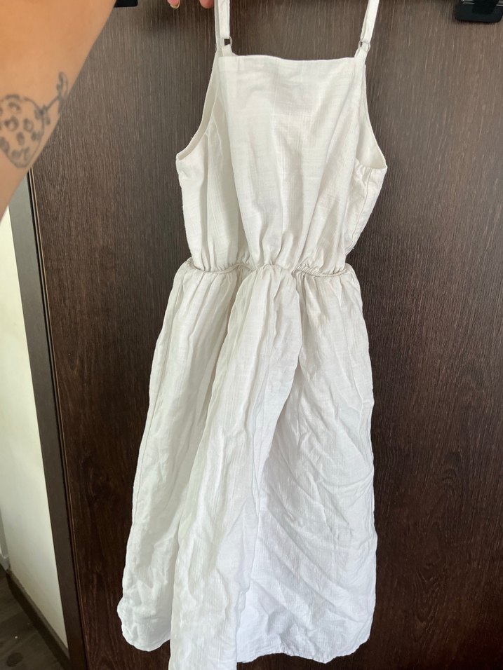 Düğmeli Beyaz Keten Midi Elbise - Görsel 3