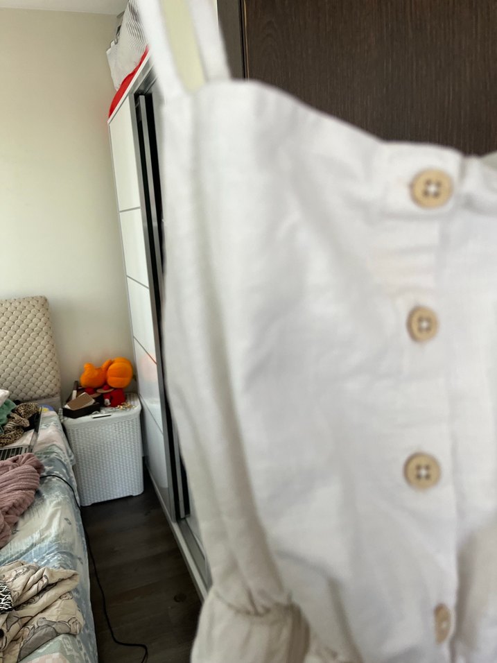 Düğmeli Beyaz Keten Midi Elbise - Görsel 5