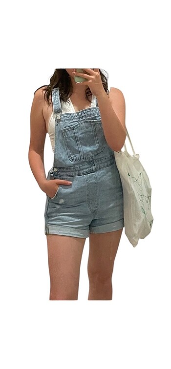 m Beden Bershka Kadın Açık Mavi Kısa Denim Salopet