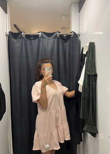 Zara Pembe V Yaka Midi Bağlama Desenli Elbise