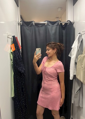 Pembe V Yakalı Midi Elbise