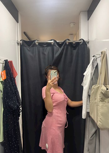 s Beden pembe Renk Pembe V Yakalı Midi Elbise