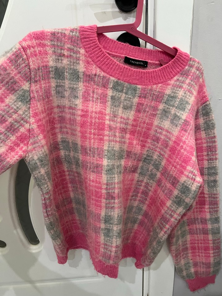 Kadın Pembe Gri Örgü Yün Kazak - Görsel 3