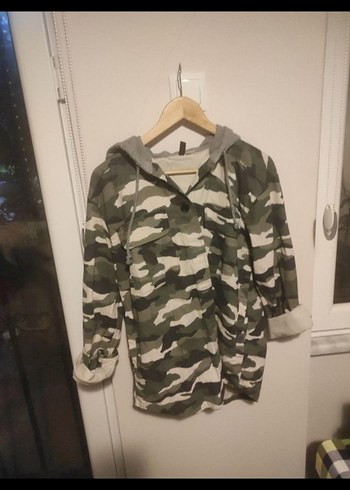 H&M Gri Kamuflaj Desenli Kadın Midi Ceket