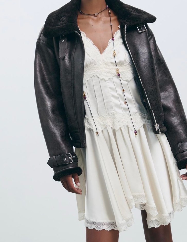 Stradivarius Kürklü Siyah Deri Biker Ceket - Görsel 5