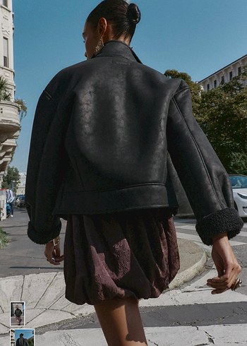 Zara Düğmeli Siyah Deri Kadın Ceket - Görsel 6