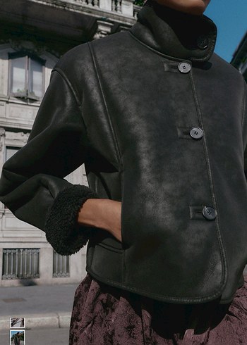 Zara Düğmeli Siyah Deri Kadın Ceket - Görsel 4