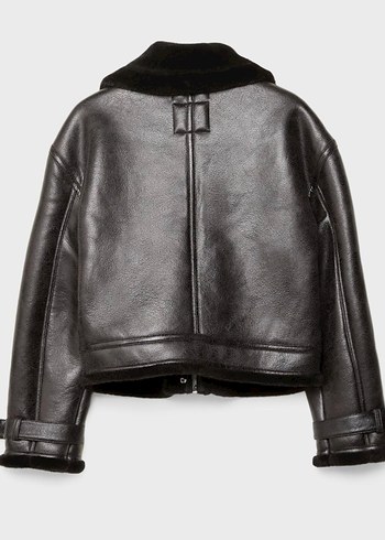 Stradivarius Kürk Detaylı Siyah Deri Kadın Biker Ceket - Görsel 2