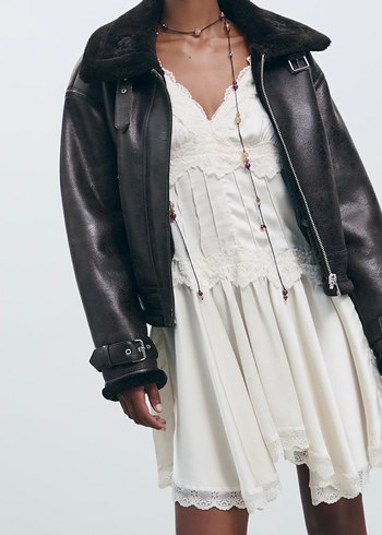 Stradivarius Kürk Detaylı Siyah Deri Kadın Biker Ceket - Görsel 3