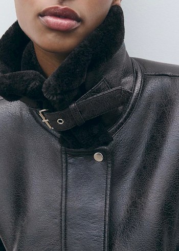 Stradivarius Kürk Detaylı Siyah Deri Kadın Biker Ceket - Görsel 5
