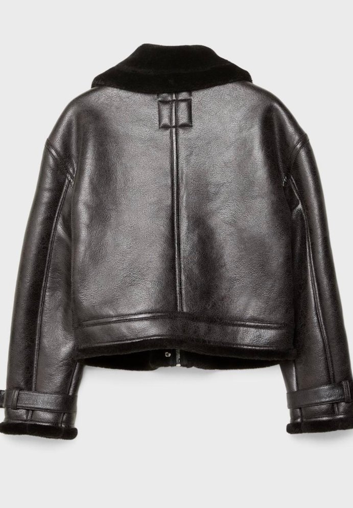 Stradivarius Kürk Detaylı Siyah Deri Kadın Biker Ceket - Görsel 2