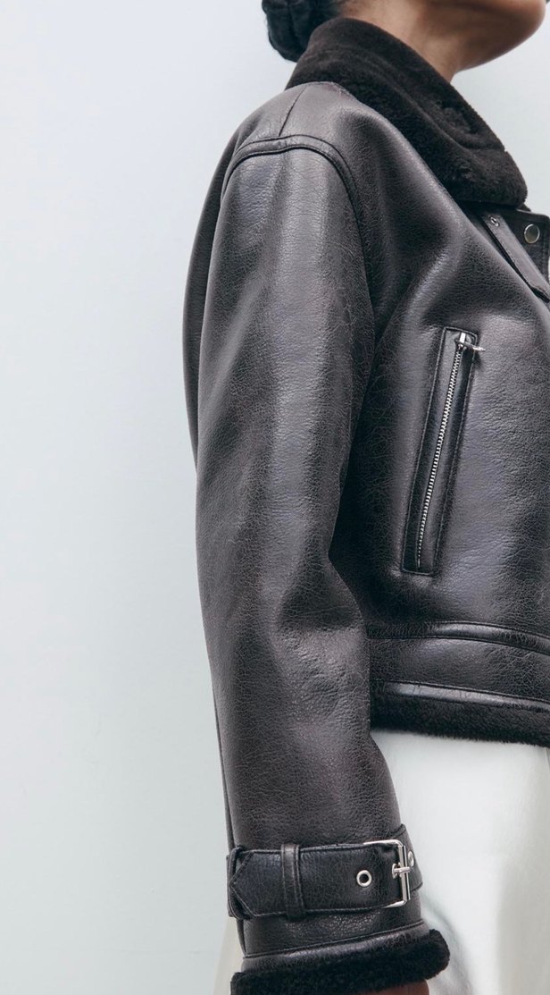 Stradivarius Kürk Detaylı Siyah Deri Kadın Biker Ceket - Görsel 4